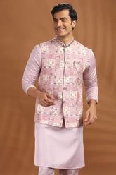 Pink Silk Kurta Pajama with Printed Jacket
